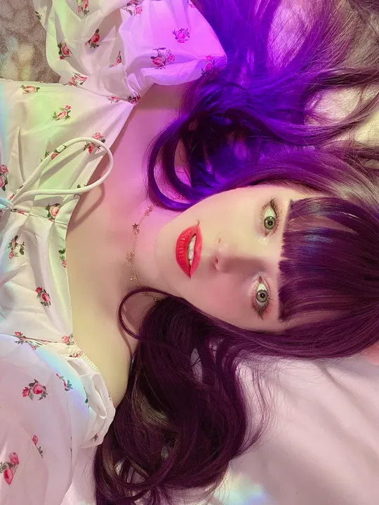 Floral blouse with purple hair