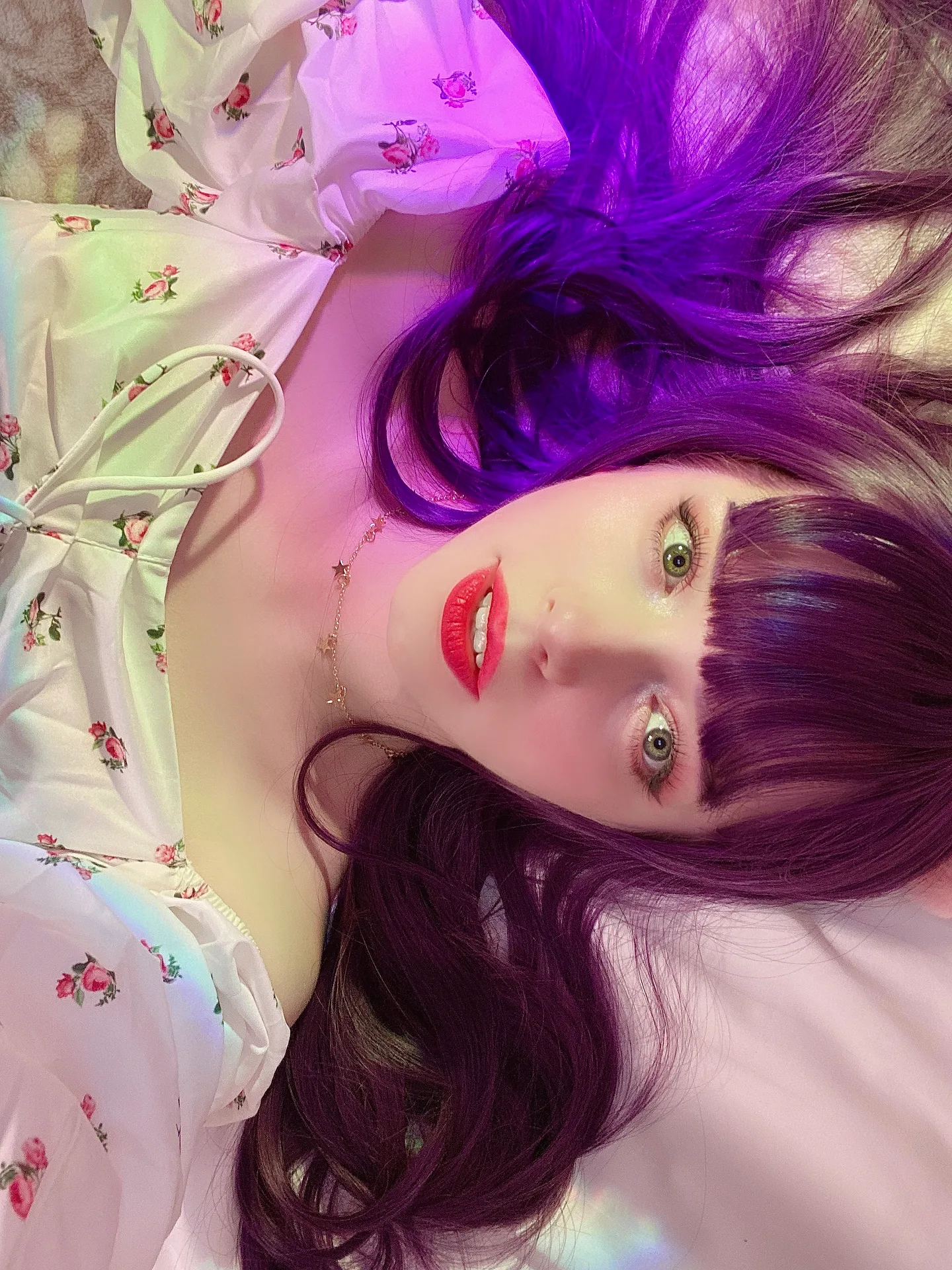 Floral blouse with purple hair