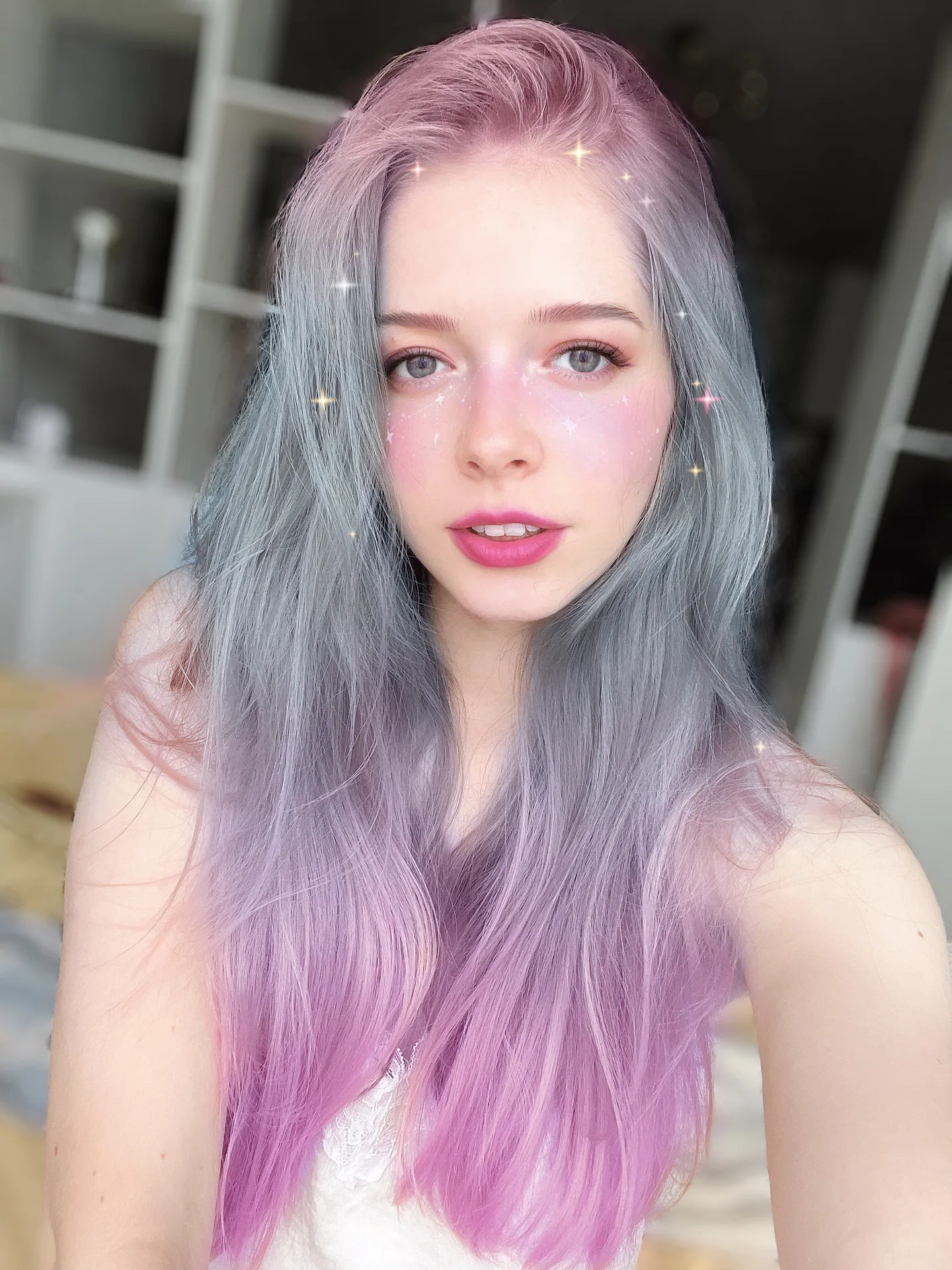 Lavender hair indoors