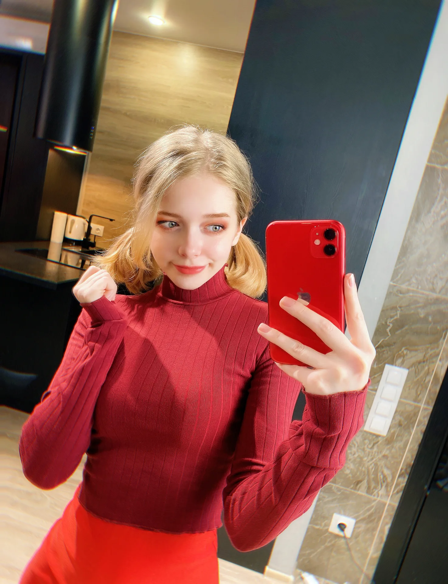 Red turtleneck mirror selfie